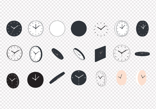 Collection of various clock icons and designs isolated on transparent background
