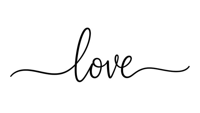 Black love word in cursive font with wavy lines on transparent background