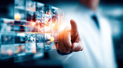 A professional in a lab coat interacts with digital images, emphasizing technology and innovation in a modern setting.