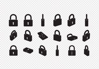 Collection of various padlock and lock icons isolated on transparent background