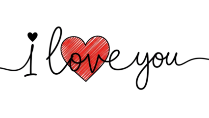A hand drawn design with a red heart and the words i love you written in a whimsical font on a transparent background with a heart symbol