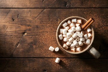 Hot Cocoa Mug with Mini Marshmallows and Cinnamon Stick on Rustic Wooden Table