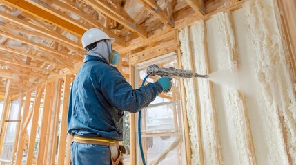 Dedicated construction worker applying spray foam insulation to wall. Professional contractor, home renovation, energy efficiency, skilled labor concept