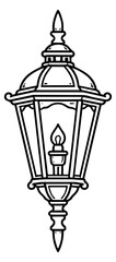 Hand drawn line art illustration of a vintage lantern depicting a lit flame for traditional decor