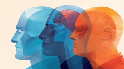 Obraz premium An abstract illustration depicting three profiles, showcasing varying colors and a brain silhouette, symbolizing cognitive processes and human emotion.