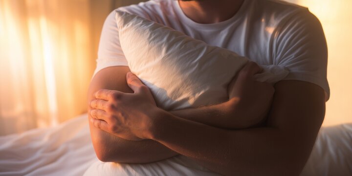 Man hugging soft white pillow to his chest in close-up. Comfort, loneliness, emotional support, relaxation, sleep aid, mental health, self-soothing concept