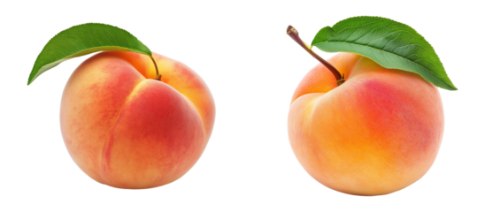 Fresh peach with leaf isolated on transparent background, PNG format, cut out