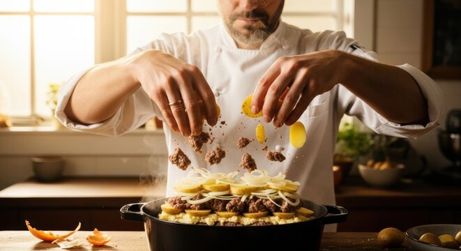 A chef arranging layers of potatoes, onions, and meat in a traditional stamppot pot, ingredients falling into place with dynamic motion blur.