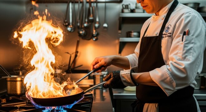 A chef flamb&eacute;ing a pan, with a controlled blue flame engulfing the food, dramatic and skilled