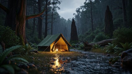 serene woodland campsite illuminated by warm glow near tranquil stream under