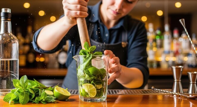 A bartender muddling mint and lime in a glass, fresh ingredients being crushed, vibrant and aromatic