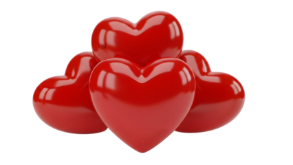 Three shiny red hearts stacked on top of each other on a transparent background for valentines day or love