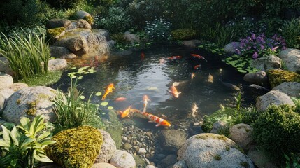 Koi fishes swim in a pond with a waterfall, serene nature scene for meditation