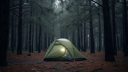 serene solitary camping tent nestled in foggy dark forest during early dawn