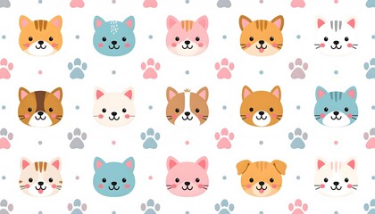 Obraz premium Adorable Cartoon Cat and Dog Faces Pattern with Paw Prints on White Background