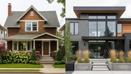 Fototapeta premium Contrast Between Traditional and Modern Architectural Residential Designs in