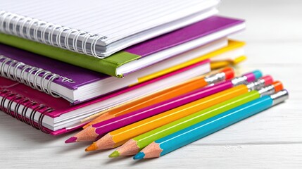 Fototapeta premium Colorful Notebooks and Pencils Arranged Neatly on a White Wooden Surface