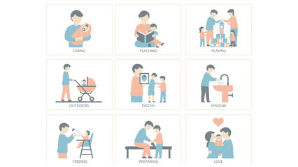 Family life illustrations showing various activities and relationships.