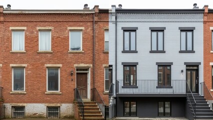 Obraz premium Contrasting Urban Residences: Traditional Brick Building and Modern Painted