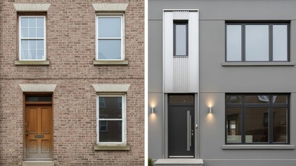 Contrasting Facades of Traditional Brick and Modern Gray Architectures