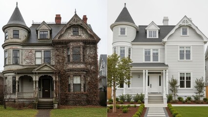 Fototapeta premium Side-by-Side Comparison of Old and Modern Victorian Style Homes
