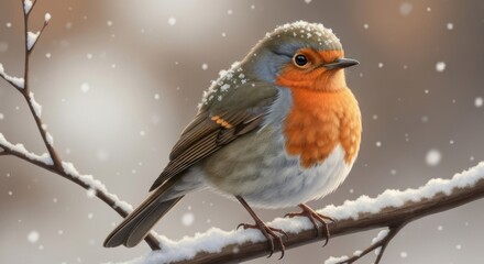 A plump robin perched on a snowy branch, against a soft, wintery bokeh
