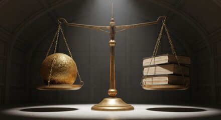 Golden scale balances a sphere with books in a dim, arched room