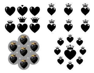 Royal Hearts with Crowns - Black Heart Shapes with Golden Crowns in Vector Design
