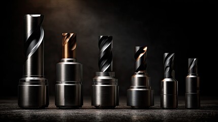 Close-up View of Various Metal Drill Bits Arranged in a Line on a Dark Background