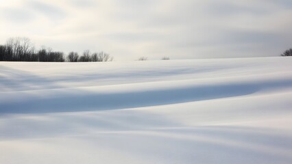 Snow-covered landscape with rolling hills and trees in the distance under a cloudy sky