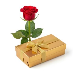 Beautiful red rose with gold gift box