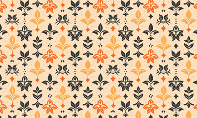 Seamless Mid Century Folk Art Pattern, Vintage Geometric Floral Tile Background, Retro Cream and Black Vector Texture