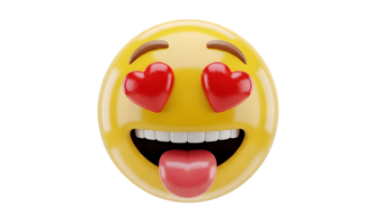 A cute 3d cartoon emoji with heart eyes and tongue out isolated on transparent background smiling sweetly