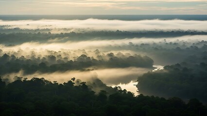 Obraz premium Aerial view of a misty forest landscape with a river flowing through it