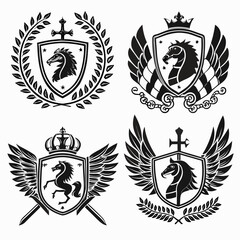 Fototapeta premium elegant laurel wreaths, shields, wings, and ribbon vector set.black-and-white vector pack of wreaths, shields, banners, and wings .Collection of six heraldic emblems with shields laurels helmet.