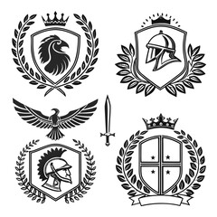 Obraz premium elegant laurel wreaths, shields, wings, and ribbon vector set.black-and-white vector pack of wreaths, shields, banners, and wings .Collection of six heraldic emblems with shields laurels helmet.