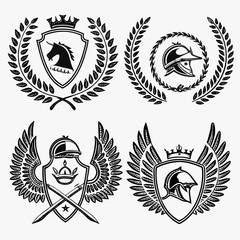 Obraz premium elegant laurel wreaths, shields, wings, and ribbon vector set.black-and-white vector pack of wreaths, shields, banners, and wings .Collection of six heraldic emblems with shields laurels helmet.