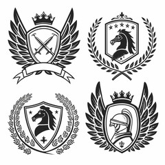 Fototapeta premium elegant laurel wreaths, shields, wings, and ribbon vector set.black-and-white vector pack of wreaths, shields, banners, and wings .Collection of six heraldic emblems with shields laurels helmet.