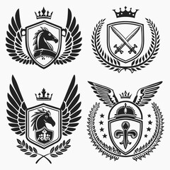 elegant laurel wreaths, shields, wings, and ribbon vector set.black-and-white vector pack of wreaths, shields, banners, and wings .Collection of six heraldic emblems with shields laurels helmet.