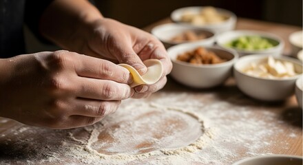 Hands wrapping homemade Chinese dumplings on floury wooden table. Traditional Asian food cooking process for Lunar New Year reunion dinner.