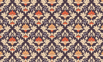 Seamless Dark Damask Pattern, Vintage Floral Scroll Background, Elegant Plum and Cream Vector Texture