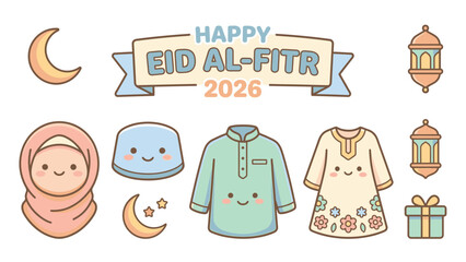 Happy Eid Al Fitr 2026 Cute Kawaii Islamic Elements Collection.