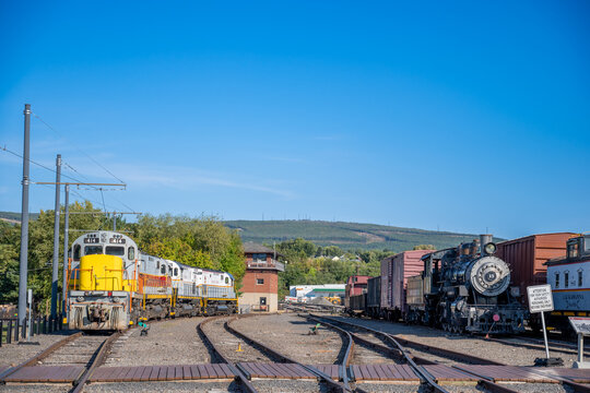 Pennsylvania, USA - 9.22.2024: Selective focus on the front of a train at railyard of the Steamtown National Historic Site. 