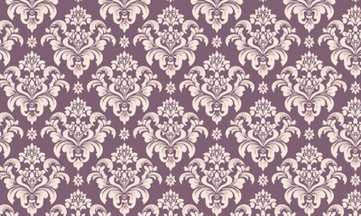 Seamless Mauve Damask Pattern, Elegant Vintage Floral Ornament Background,Soft Purple Baroque Vector Texture for Wedding