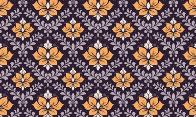 Seamless Dark Damask Pattern, Vintage Gothic Floral Background, Elegant Baroque Vector Texture in Purple and Orange