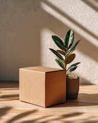 A small brown cardboard box and a potted plant sit on a wooden surface, illuminated by sunlight streaming through a window, creating dramatic shadows.