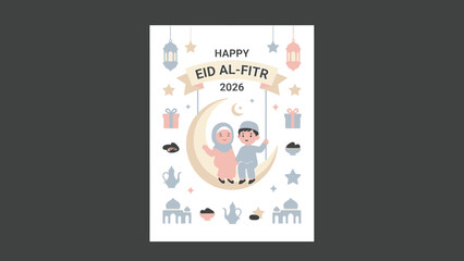 Naklejka premium Happy Eid Al Fitr celebration with cute Muslim couple on moon.