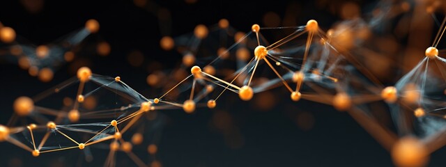 Abstract network of interconnected orange and gold nodes and lines against a dark background, resembling a digital or technological concept.