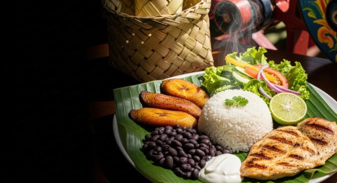 Steaming Colorful Costa Rican Casado Plate with Grilled Chicken in Banana Leaf and Left Negative Space