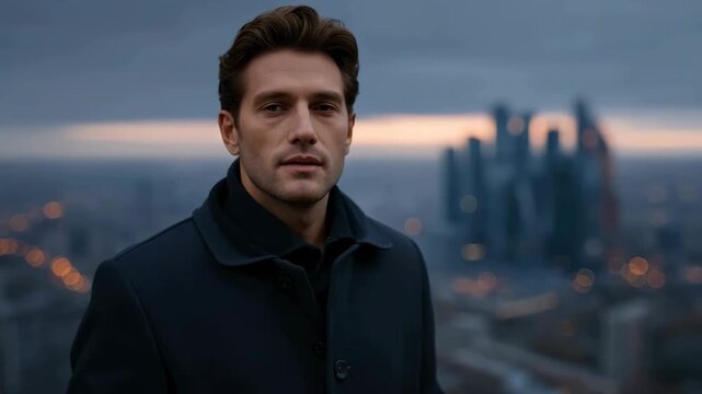 Man overlooking city skyline at dusk